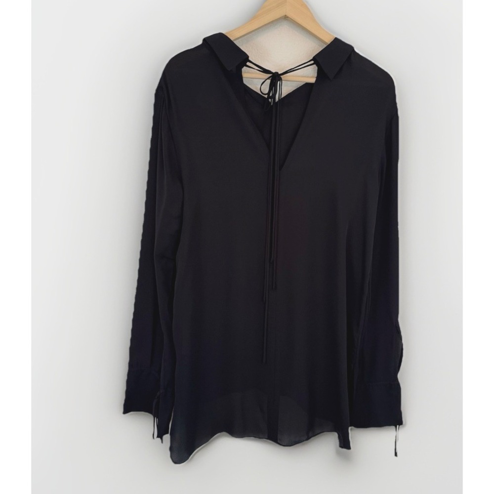 Heather Silk Top Long Sleeves Black Tie Back Blouse w/ Statement Cuff Ties Small